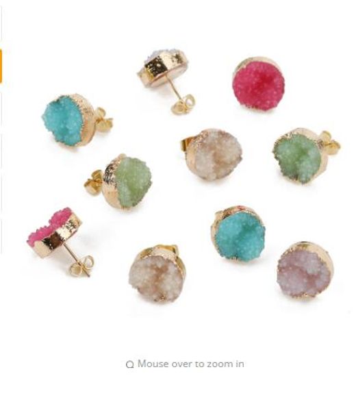 

xinyao 13mm vintage quartz crystal druzy earrings stud pins needles earring base posts for diy earring making findings, Golden;silver