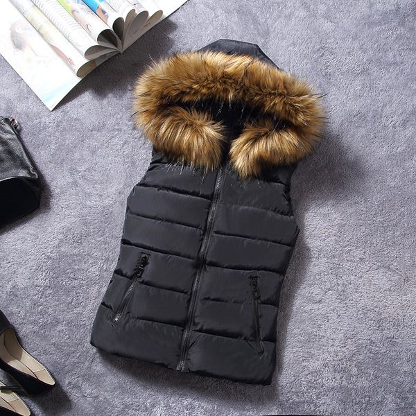 

2017 brand winter vest women jacket coat down cotton casual hooded women's fur vests waistcoat female vestidos large size clothe, Black;white