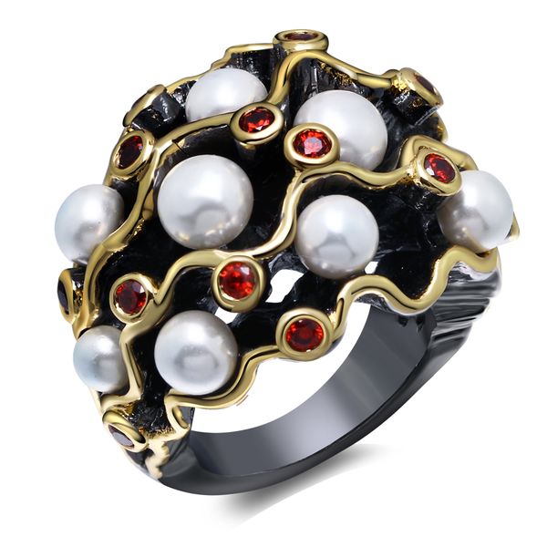 

new curve design rings trendy jewelry fast shipping large stock fashion black gold plate siam crystal white pearl finger ring, Golden;silver