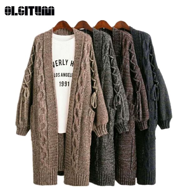 

olgitum new 2018 winter and autumn long loose large size thicken wool twist knitted women cardigan, White;black