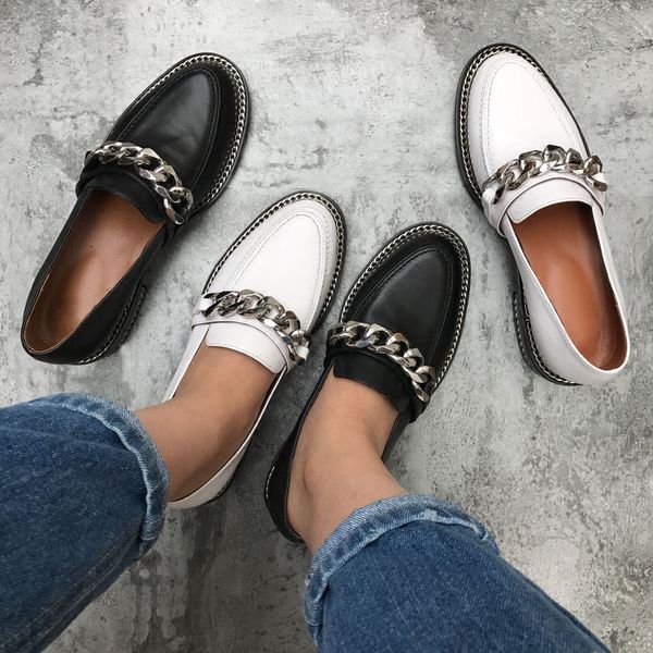 

Spring genuine leather ca ual hoe women metal chain decor flat heel round toe conci e loafer hoe women chau ure femme