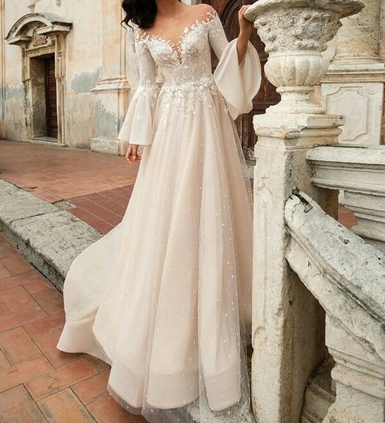 Acheter Robe De Mariée Légère Blush Avec Manches Longues Bouffantes Hors De Lépaule Chérie Dentelle Blanche Sur Point Tulle Une Ligne Robe De Mariée