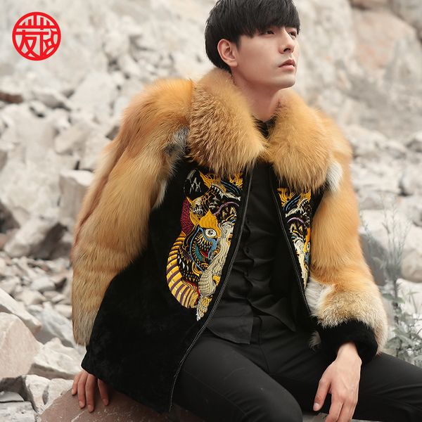 

2018 new design modern embroidered mens real sheepskin coat, Black