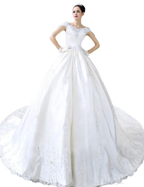 

luxury lace princess wedding dresses 2019 new chapel train applique beaded cap sleeve v-neck ball gown bridal gowns vestido de novia w175, White