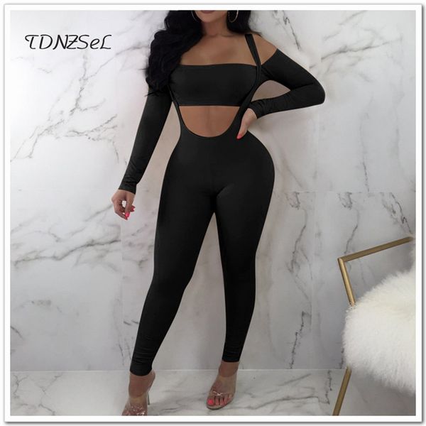 

spaghetti strap long sleeve skinny jumpsuit leggings women low cut backless hollow out elastic bodycon romper slim overalls, Black;white