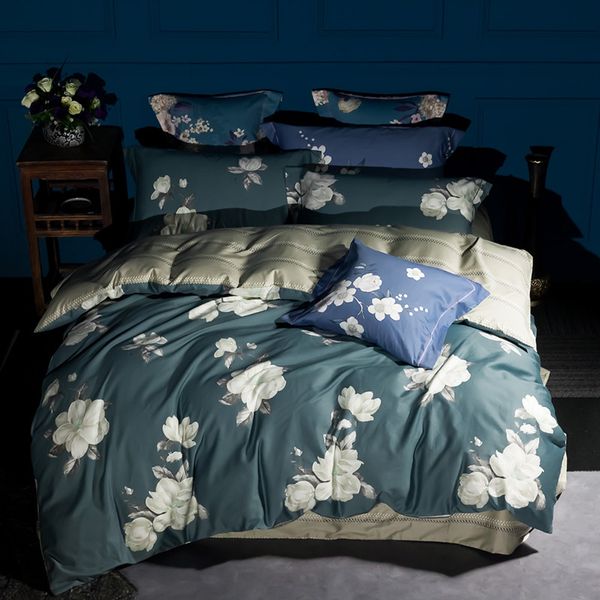 

luxury 60s egyptian cotton white flowers floral 4pcs bedding sets, duvet cover stripe flat sheet pillowcase set