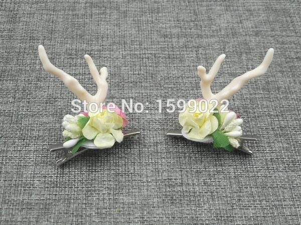 

2pcs/set handmade cute deer antler hair clips flower horn headpiece farm animal birthday party supplies p shoot accessories, Golden;white