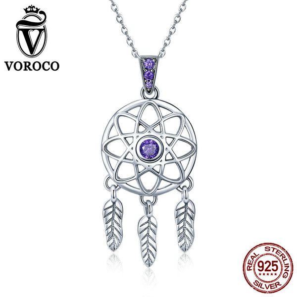 

voroco real 925 sterling silver dream catcher feather bohemia necklace for women pendant chain fine jewelry original gift bkn279