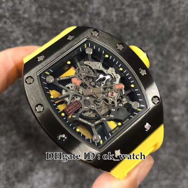

new arrival 035 automatic mens watch skeleton big dial pvd black steel case gents wport watches yellow rubber strap 4 colors, Slivery;brown