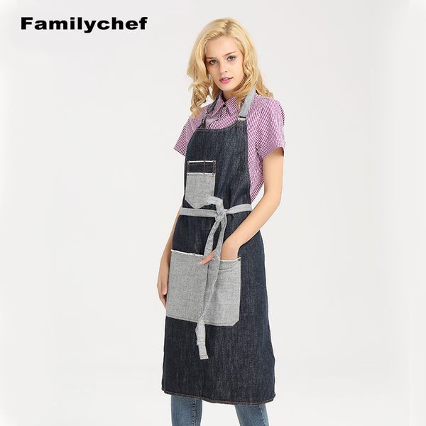 

fashion denim apron with pocket men's home kitchen cooking hanging neck waist cafe shop working bakery ladies work apron