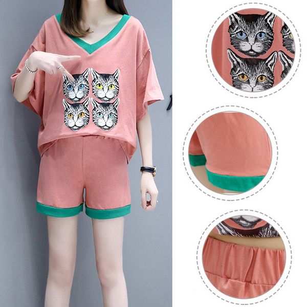 

women's summer large size 5xl clothing half flare sleeve cartoon pint loose two-piece set female casual and shorts, White