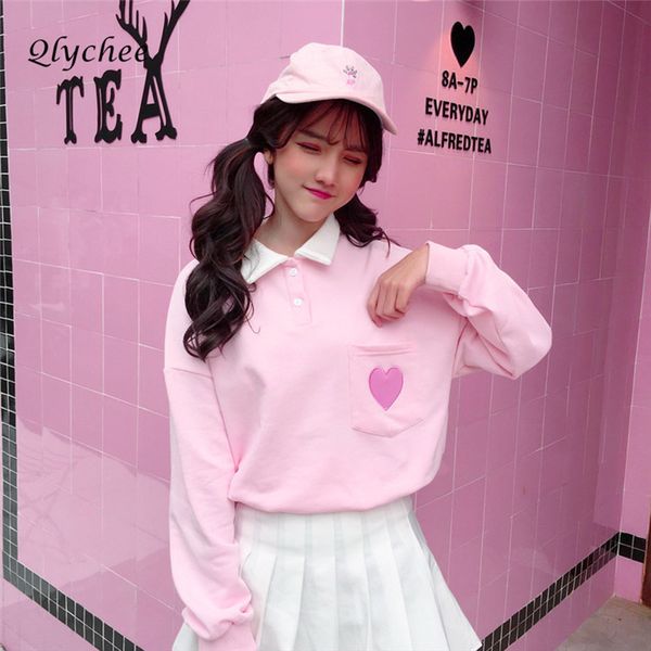 

qlychee sweet pink heart embroidery tshirt female long sleeve tees turn-down collar pockets spring autumn t shirt, White