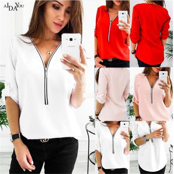 

aidayou 4 color women deep v-neck zipper shirt loose long sleeve t-shirt pullover for beach club ouc2432, White