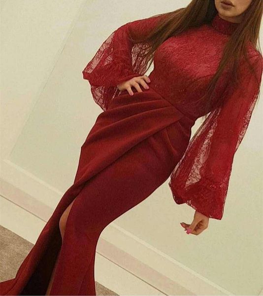 

high neck lace rust red thigh high slits mermaid custom made new coming evening dresses prom dress, Black;red