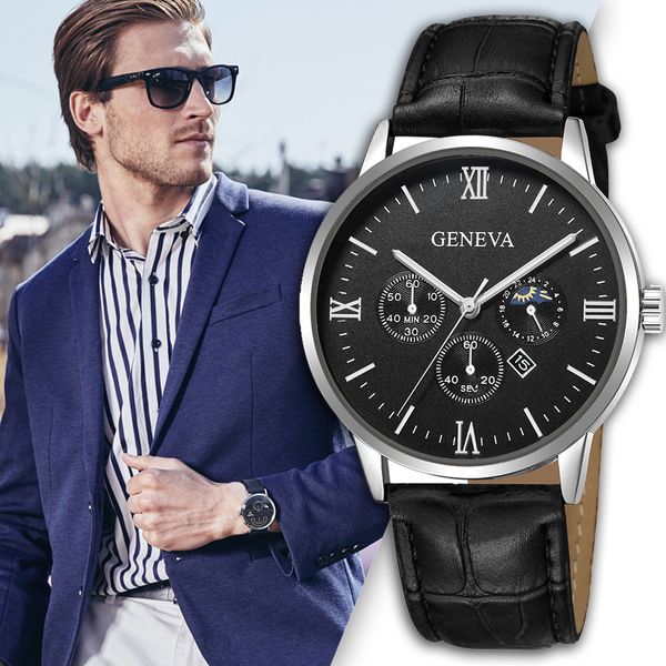 

gofuly new geneva fashion men simple date alloy case leather band analog quartz sport watch horloges mannen 2018, Slivery;brown