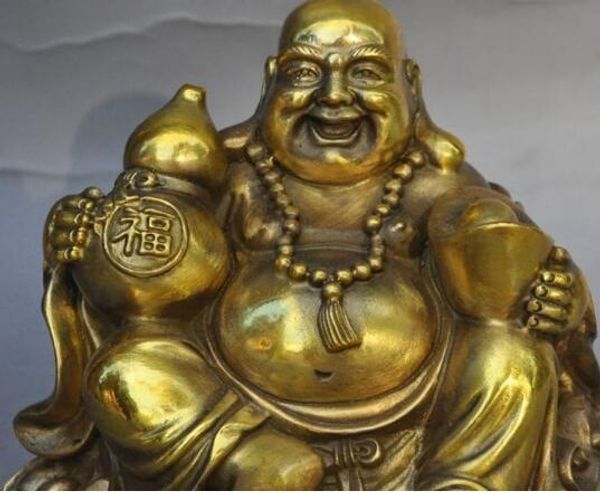 Chinese Buddhism brass Gourd Yuanbao Happy Laugh Maitreya Buddha Statue