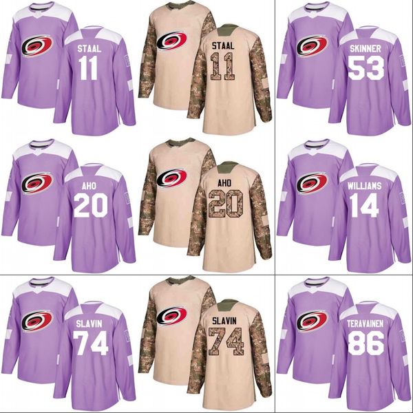 

Carolina Hurricanes Jersey Veterans Day Fights Cancer Practice 11 Staal 20 Sebastian Aho 53 Jeff Skinner 74 Jaccob Slavin Hockey Jerseys