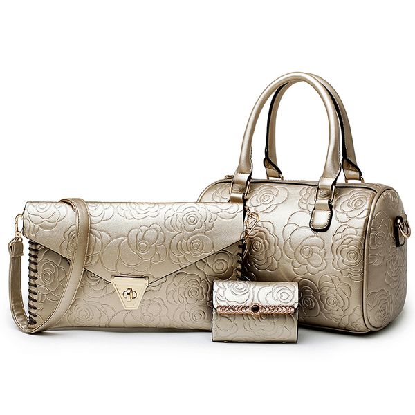 

women fashion luxury leather composite bag embossing flower tote handbags female messenger bags and purse 3 pieces