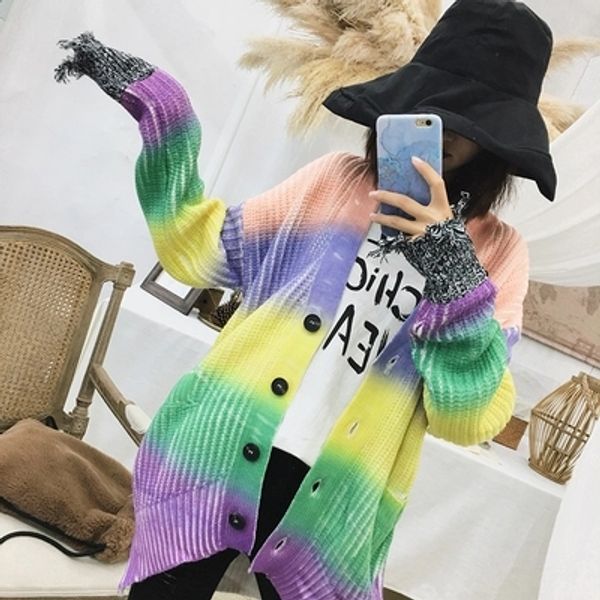 

2018 autumn new loose rainbow striped cardigan sweater cs4, White;black