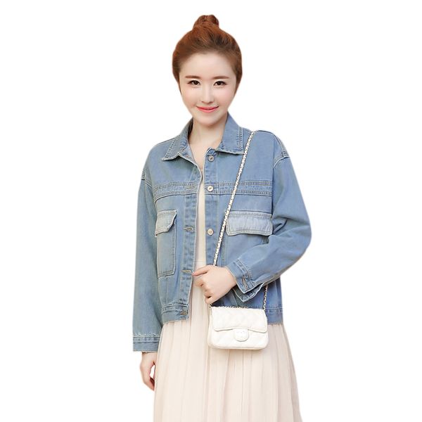 

women big pockets denim jacket female autumn vintage single breasted cropped jackets women korean causul turn-down collar coats, Black;brown