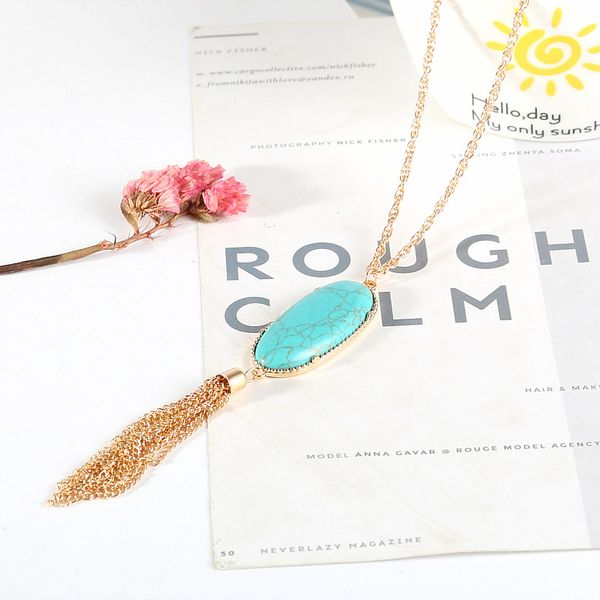 

winter selling womens long metal chain natural stone pendant necklace tassel statement sweater necklaces, Silver