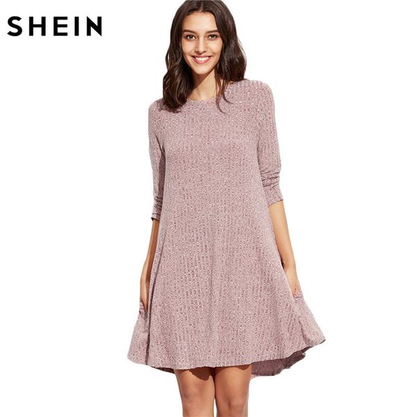 

wholesale-shein winter dresses women 2016 burgundy round neck three quarter length sleeve marled knit ribbed swing casual shift dress, White;black