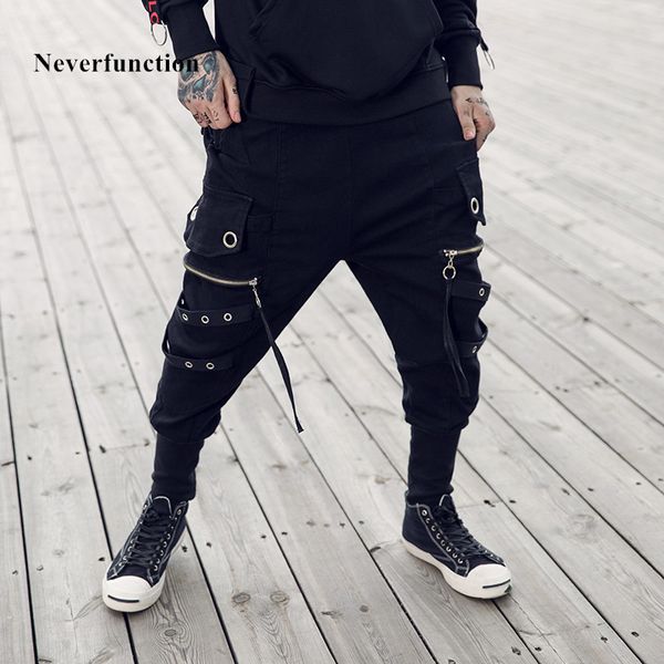 

neverfunction autumn fashion men hip hop jogger casual trousers drawstring solid hipster streetwear cotton male cross-pants, Black