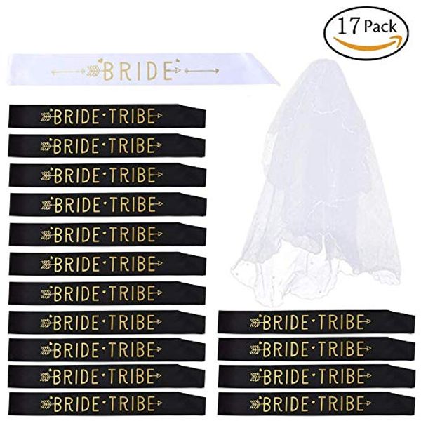 Noiva Tribo Bachelorette Party Sash Set: 1 Noiva a ser Faixa, 15 Bride Tribe (Maid of Honor Sash), 1 em cascata Véu, 17 Pcs Decoração do casamento