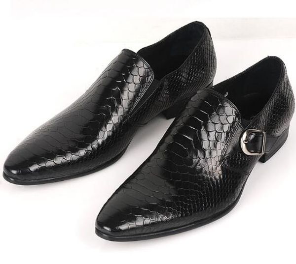 

new snakes pattern pointed toe men's shoes business dress leather shoes casual trend slip-on buckle, Black