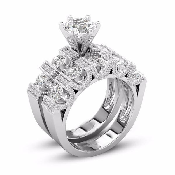 

unique choucong vintage fashion jewelry couple rings 925 silver fill retro eternity round cut white z cz diamond women bridal ring set, Slivery;golden