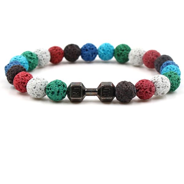 

bracelet colorful beaded strands 8mm lava rock alloy black dumbbell bracelets elastic men women couples gift love bangles