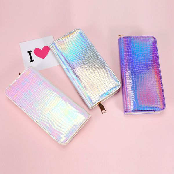

50pcs women mermaid laser pure long wallet 3colors waterproof clutch credit card holder coin purses, Red;black