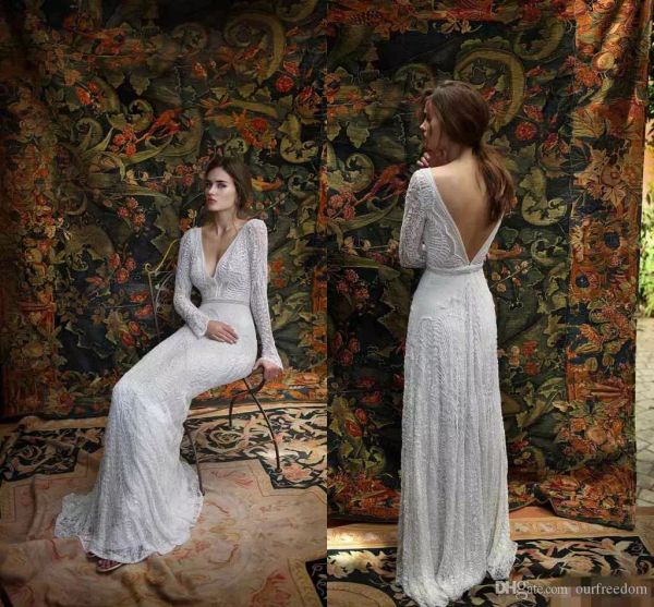 

lihi hod 2020 wedding dresses long sleeves deep v-neck backless lace bridal gowns sweep train beach custom made a-line wedding dress, White