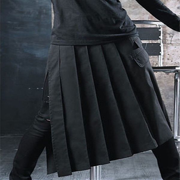 

nightclub dj singer punk rock hip hop skirt pants pleated irregular design apron men harajuku casual gothic style trousers, Black