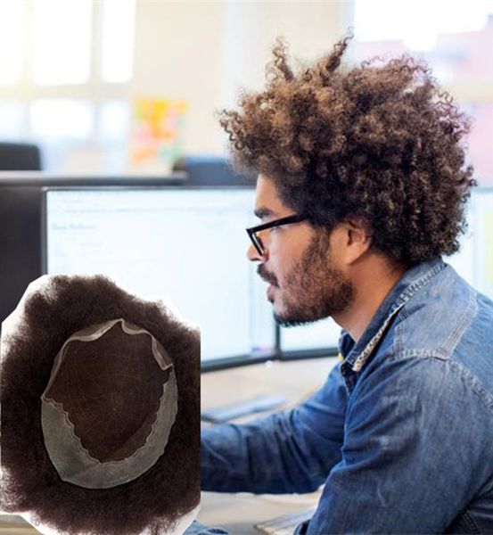 2020 Dark Brown Afro Curly Men Toupee French Lace Curly Toupee For