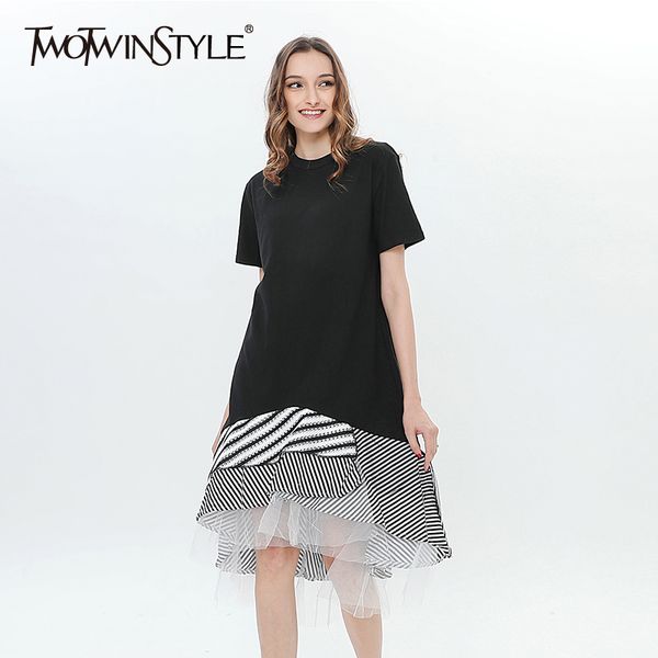 

twotwinstyle trumpet dress female short sleeve striped mesh patchwork asymmetrical midi dresses 2018 spring summer fashion new, White;black