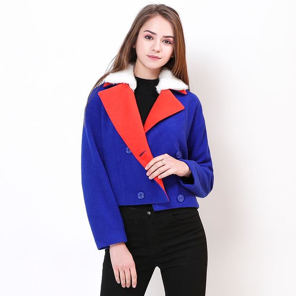 

winter women turn down collar short woolen coat fur collar blue wool jacket female fashion casual loose overcoat i9, Black
