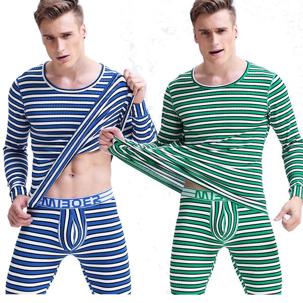 

2 шт. набор сгущаться лонг джонс мужской теплый костюм полосатый горячая зима повседневная термобелье с длинным рукавом брюки брюки набор, Black;brown