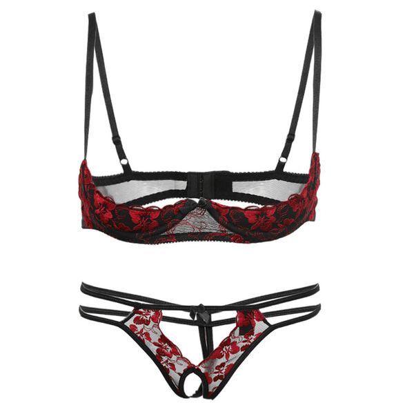 

french brassiere open bra crotchless panties sets lace lingerie embroidery push up bra women underwear cupless panty set, Red;black
