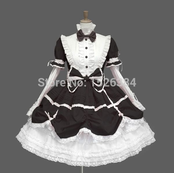 

cotton lace gothic lolita dress with bows and removable sleeves l2, Black;red