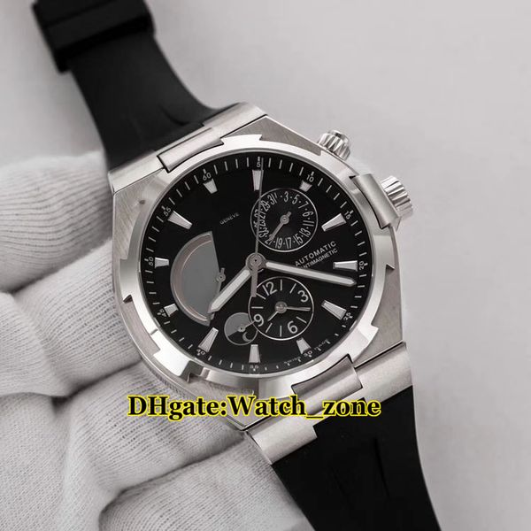 

New Overseas Dual Time Power Reserve Automatic 47450/000W-9511 Black Dial Mens Watch Silver Case Rubber Strap Gents Watches