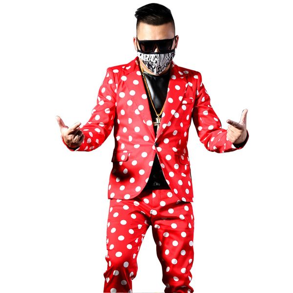 

men red dot casual slim fit suits sets (jacket+pant) male fashion hip hop blazer jacket stage custom made costumes, White;black