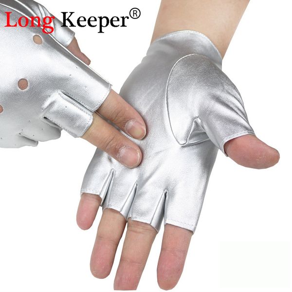 

long keeper fashion men' gloves fingerless leather gloves for dancing party show sport fitness black silver summer luvas m131, Blue;gray