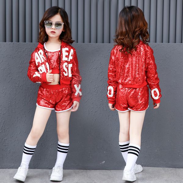 

red sequin ballroom dance costume hip hop girls crop loose clothing kids jazz long sleeve jacket fashion dancewear shorts, Black;red