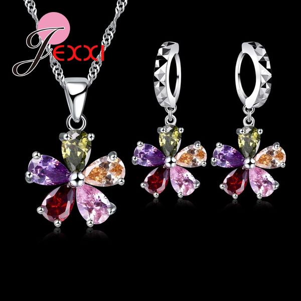 

yaameli flower colorful cz crystal jewelry set 925 sterling silver pendant necklace + dangle/hoop earring sets for women wedding