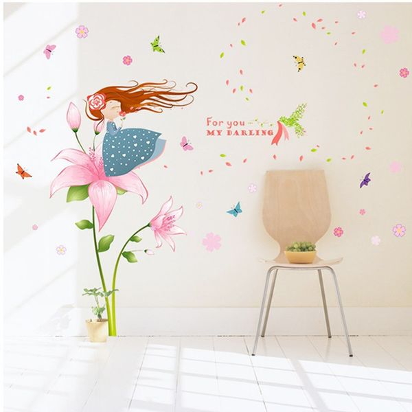 Beautiful Pink Flower Butterfly Little Girl Blowing Petals Cartoon Wall Stickers Kids Room Girl Bedroom Living Room Decor Decals Childrens Wall