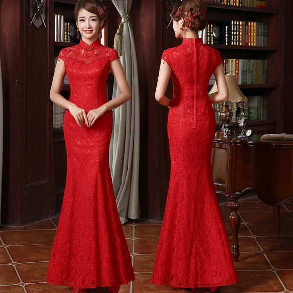 

fashion red lace cheongsam modern chinese traditional wedding dress women vestido oriental stand collars long qi pao