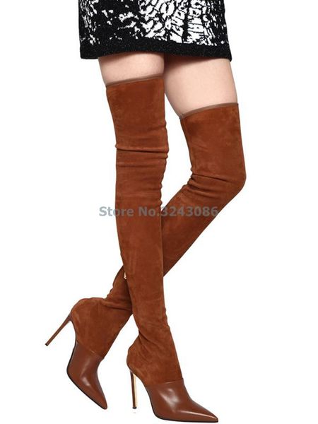 

pointed toe pu and faux suede patchwork boots close fitting thin high heel over the knee boots brown black stretchy