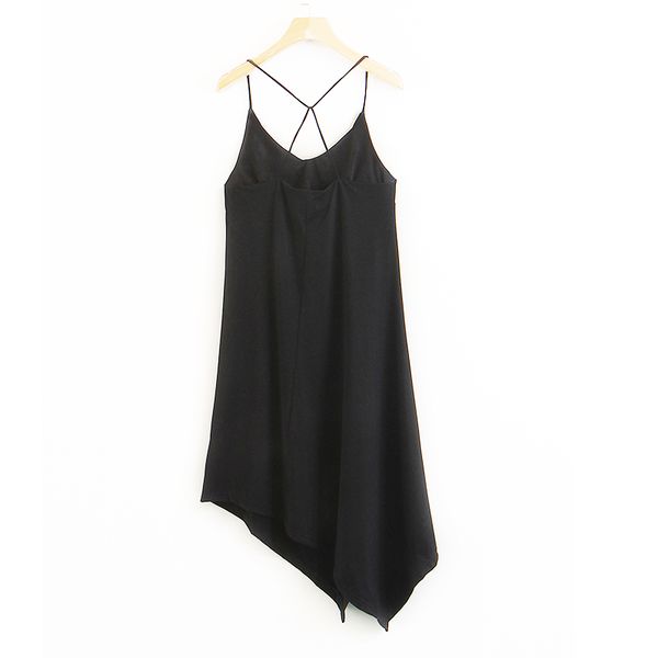 

v-neck black solid color strap dress back pierced fine sling irregular hem trend nightclub street style 2018 summer new, Black;gray