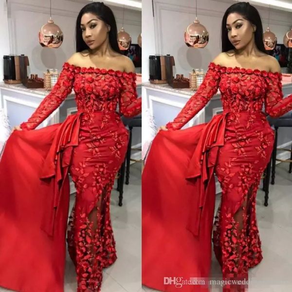 

yousef aljasmi mermaid evening dresses off shoulder prom dress 3d appliqued floor length long sleeve party gowns custom made, Black;red